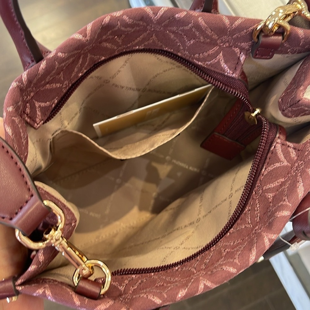 Michael Kors Mirella Small Metallic Logo Jacquard Crossbody Bag Oxblood Multi - Picture 11 of 16